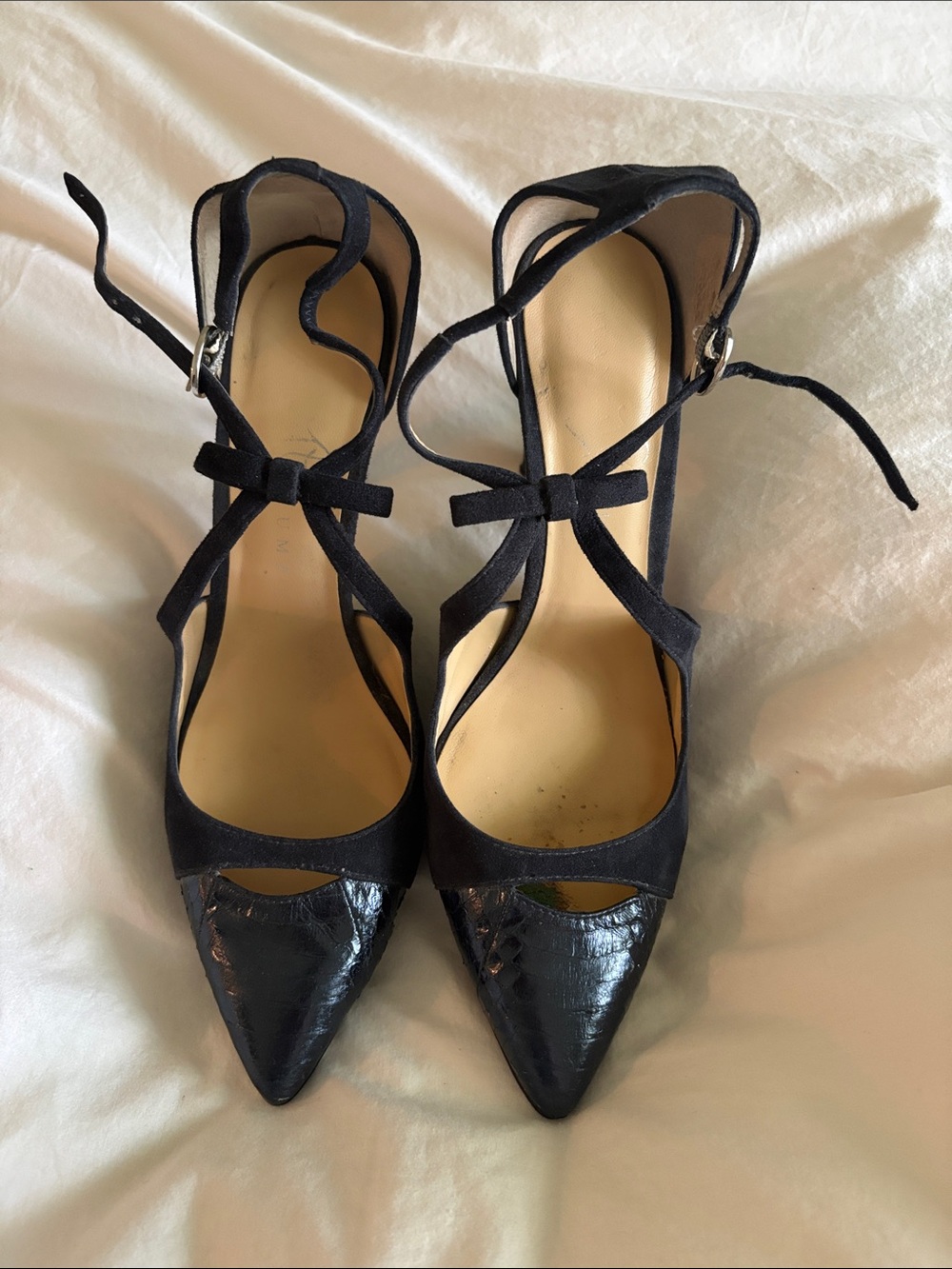 Ivanka Trump Women's Dark Navy Pointed Toe Strappy Heels with Bow Detail